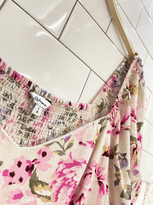 reitmans x the birds papaya linen - blend floral midi dress - good market thrift store