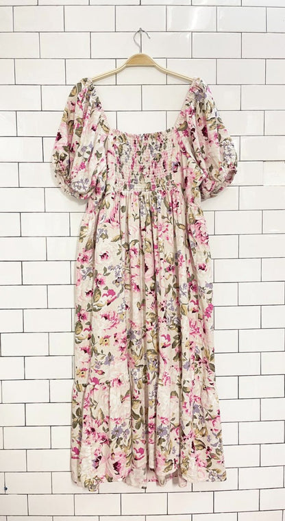 reitmans x the birds papaya linen - blend floral midi dress - good market thrift store