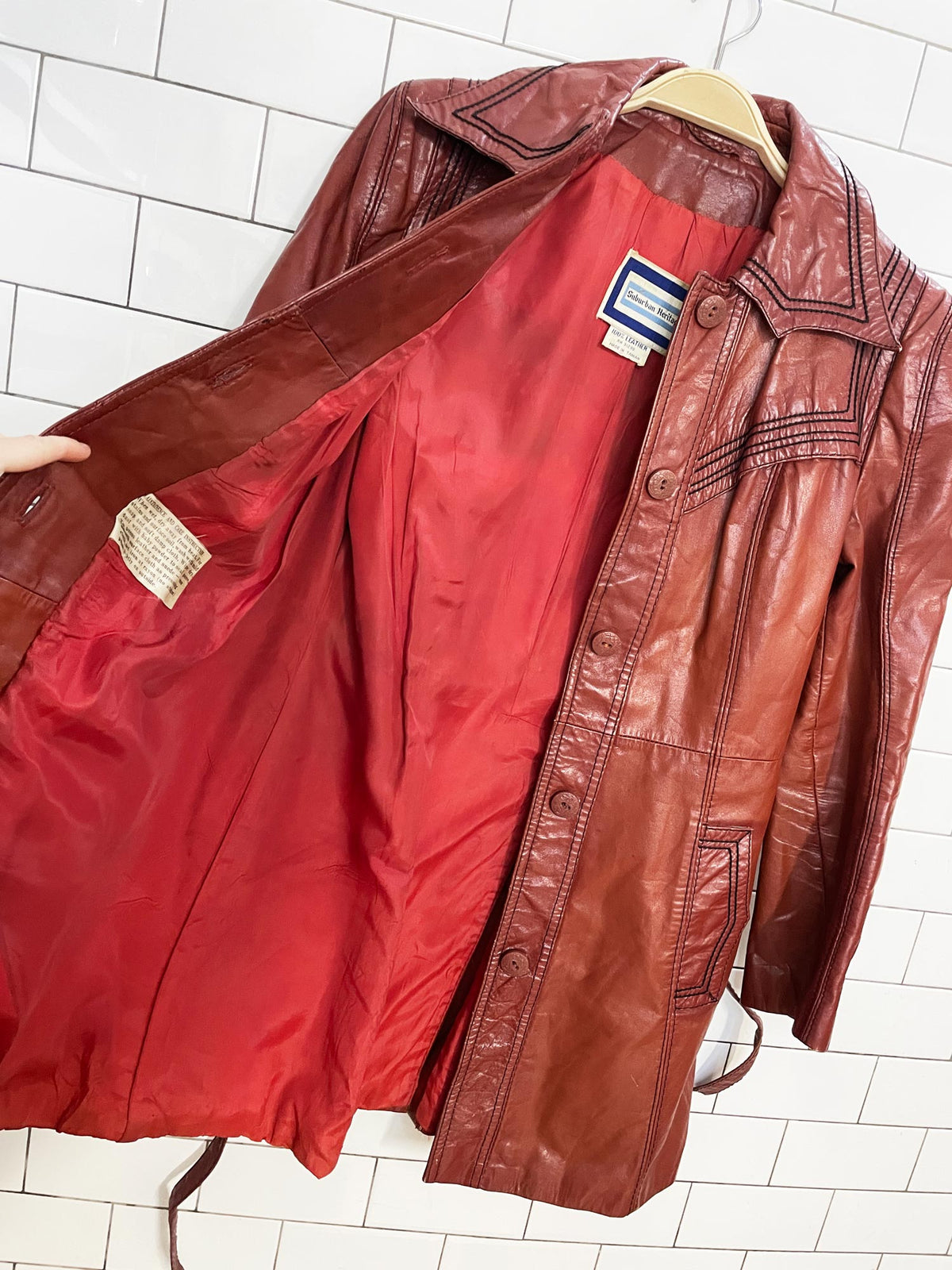 vintage 70s suburban heritage leather contrast stitch belted jacket
