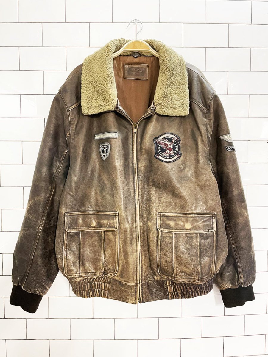 vintage denver hayes sherpa collar leather aviator bomber jacket - good market thrift store