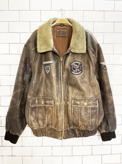 vintage denver hayes sherpa collar leather aviator bomber jacket - good market thrift store
