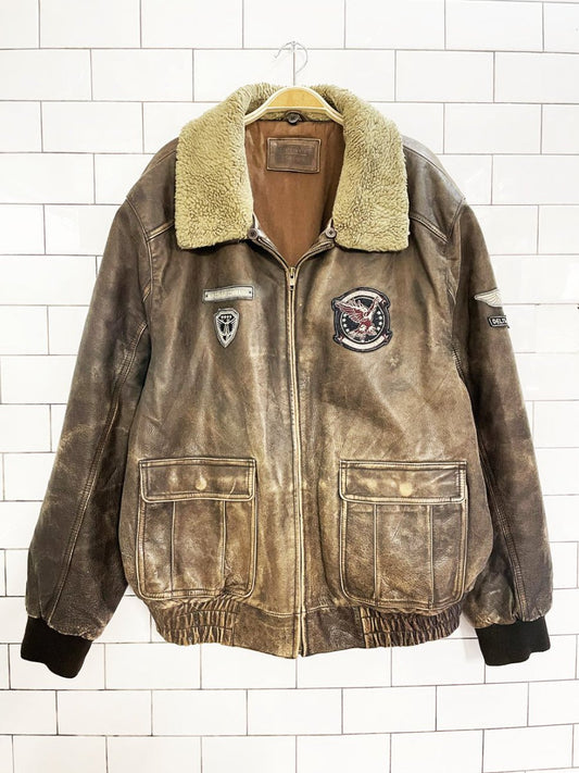 vintage denver hayes sherpa collar leather aviator bomber jacket - good market thrift store
