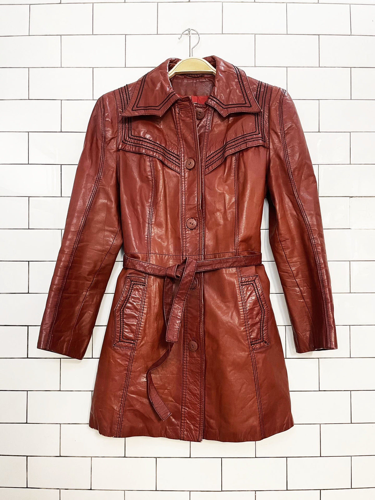 vintage 70s suburban heritage leather contrast stitch belted jacket