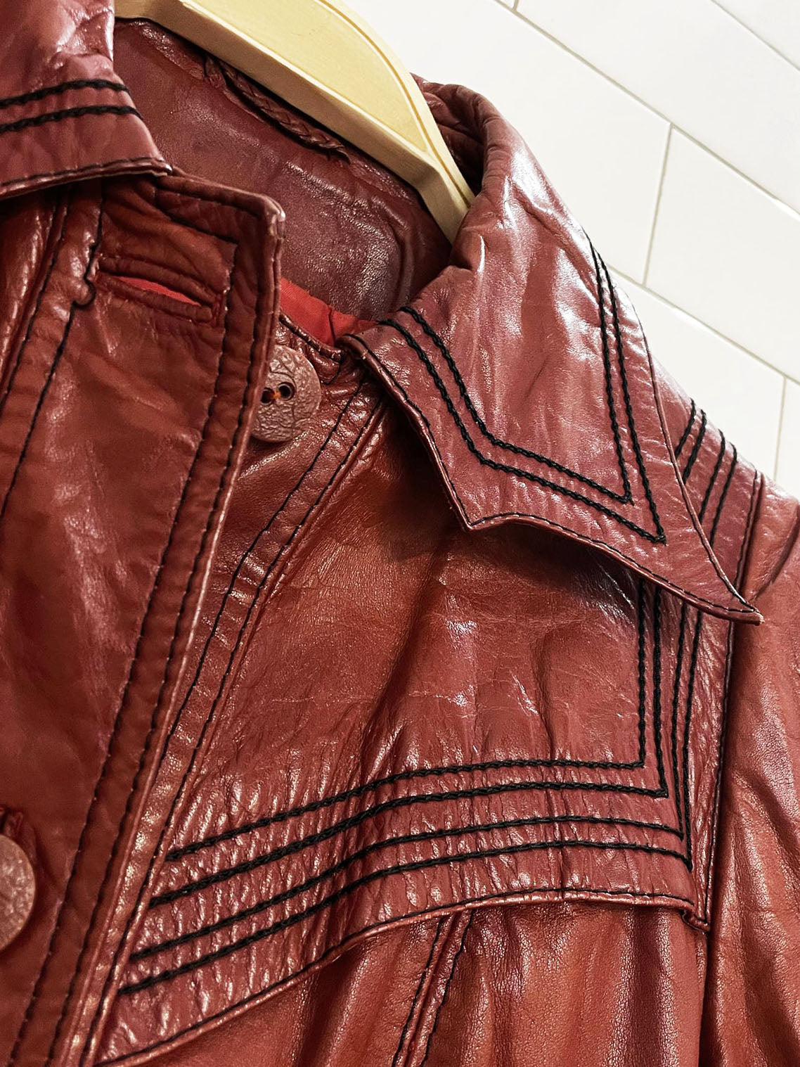 vintage 70s suburban heritage leather contrast stitch belted jacket