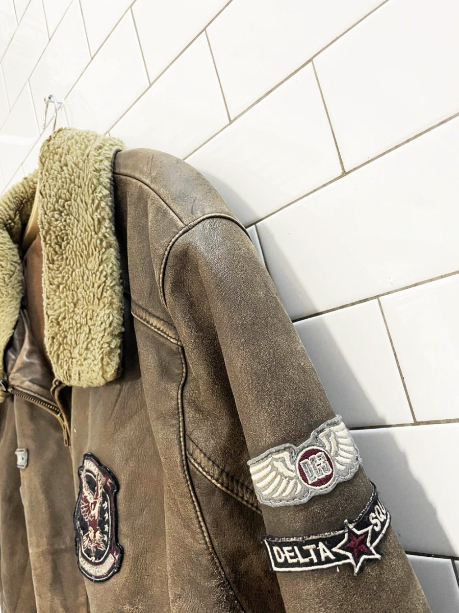 vintage denver hayes sherpa collar leather aviator bomber jacket - good market thrift store