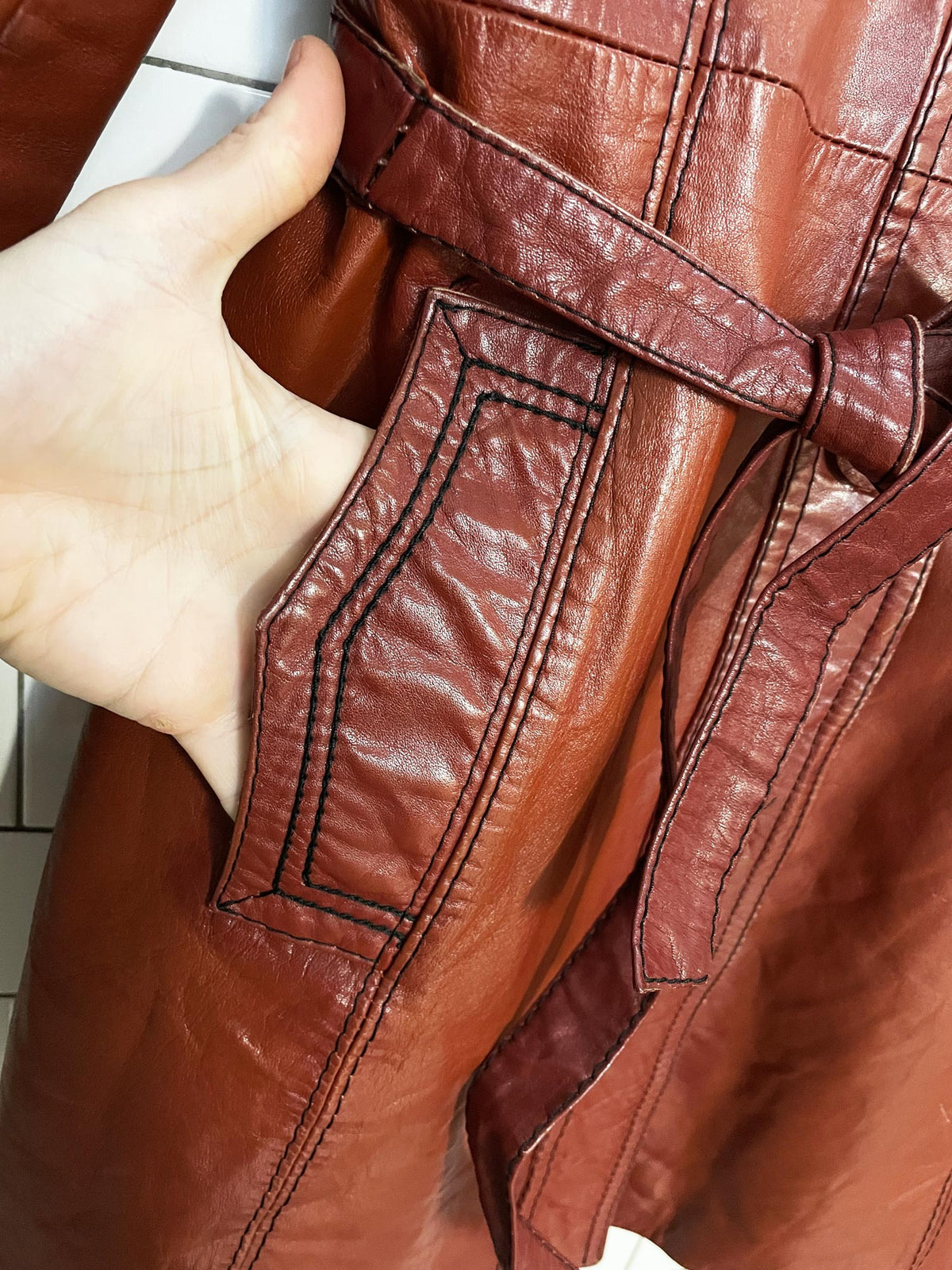 vintage 70s suburban heritage leather contrast stitch belted jacket