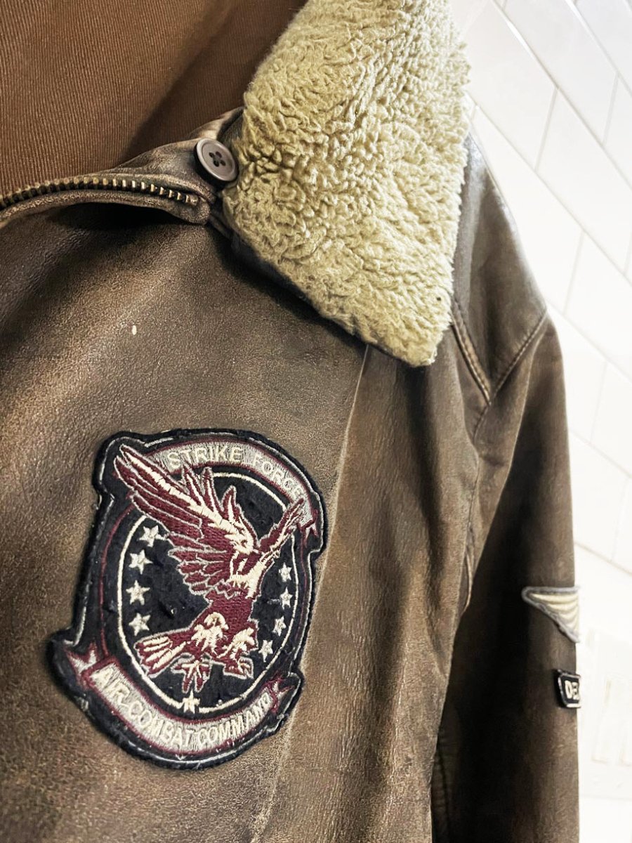 vintage denver hayes sherpa collar leather aviator bomber jacket - good market thrift store