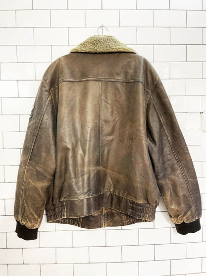 vintage denver hayes sherpa collar leather aviator bomber jacket - good market thrift store