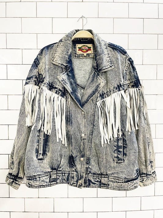 vintage 80s rock creek leather fringe concho western acid wash denim jacket - good market thrift store