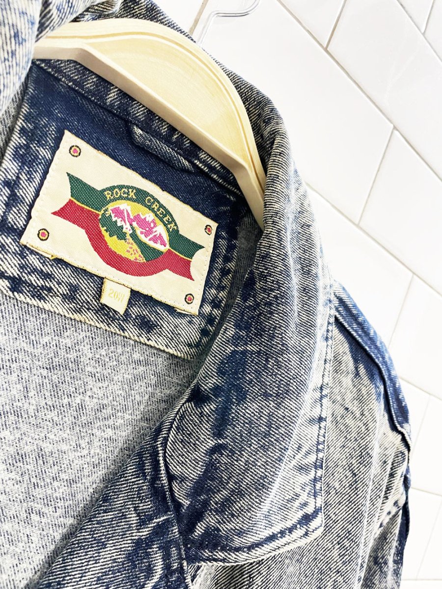 vintage 80s rock creek leather fringe concho western acid wash denim jacket - good market thrift store