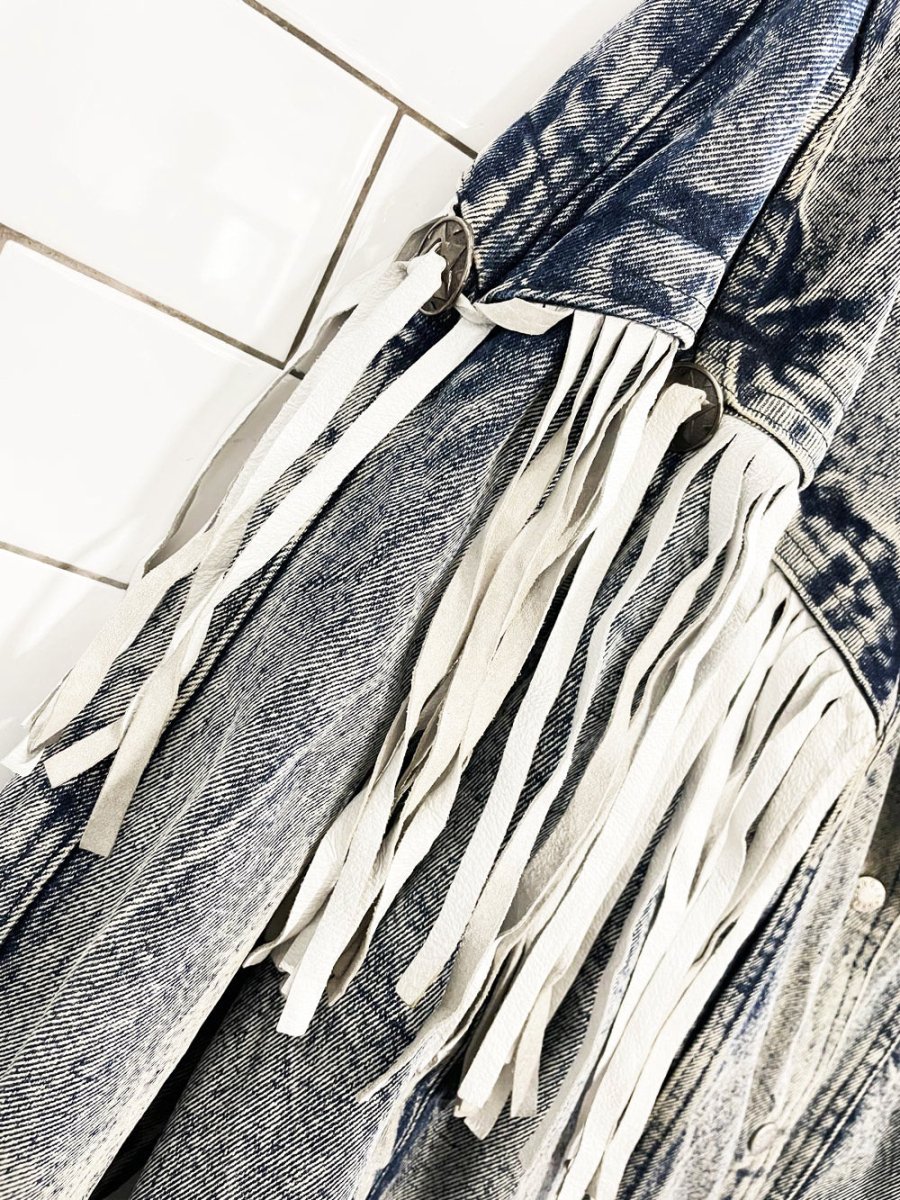 vintage 80s rock creek leather fringe concho western acid wash denim jacket - good market thrift store
