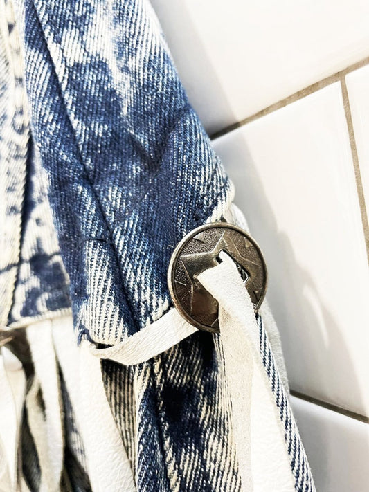 vintage 80s rock creek leather fringe concho western acid wash denim jacket - good market thrift store