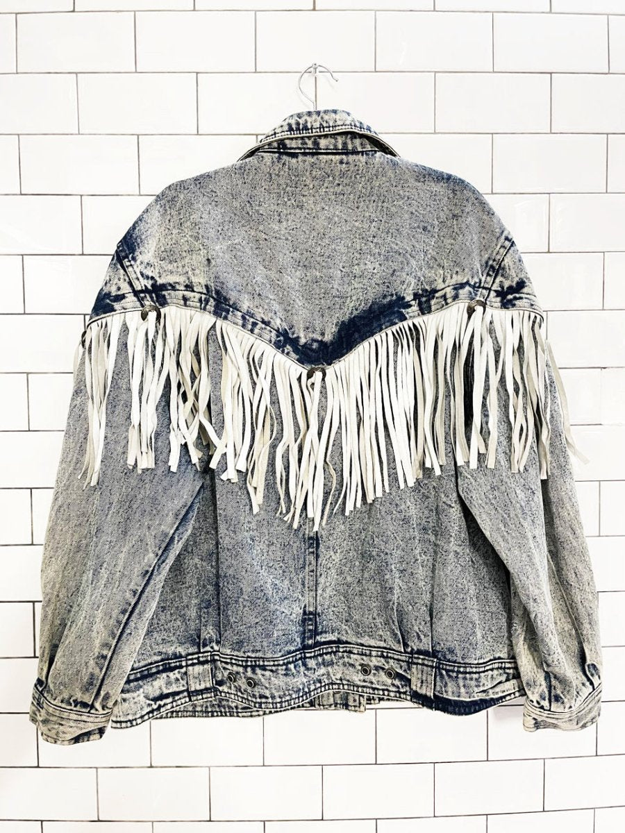 vintage 80s rock creek leather fringe concho western acid wash denim jacket - good market thrift store