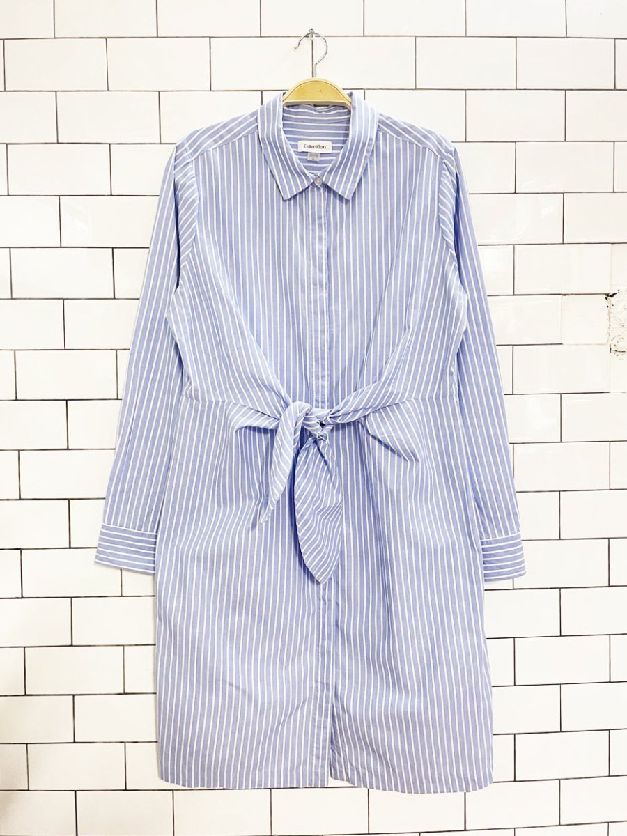 calvin klein blue stripe tie waist long sleeve shirt dress - good market thrift store