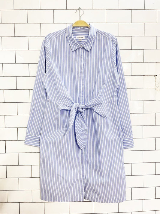 calvin klein blue stripe tie waist long sleeve shirt dress - good market thrift store