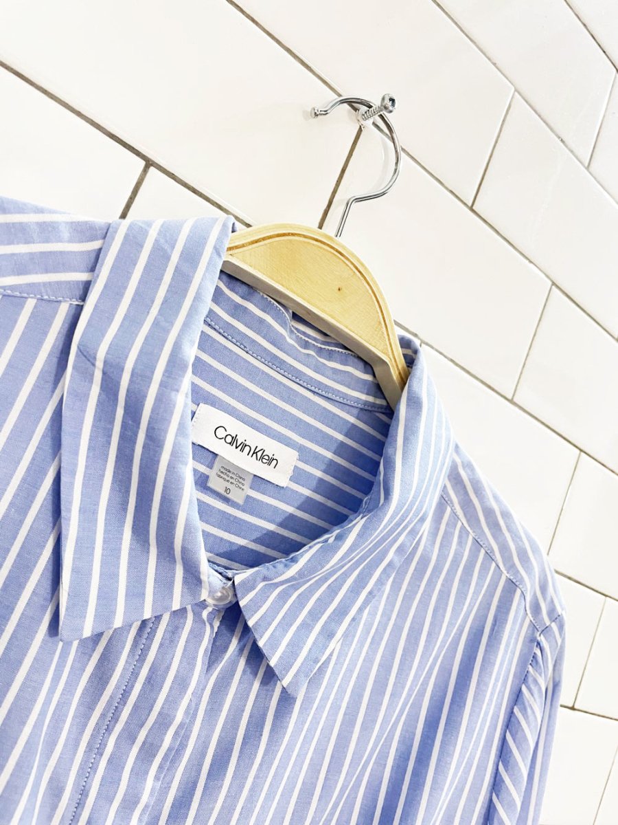 calvin klein blue stripe tie waist long sleeve shirt dress - good market thrift store