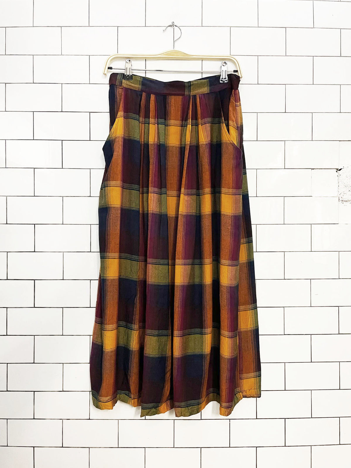 x2 nwt vintage royal silk plaid full button shirt + midi skirt set | made in India