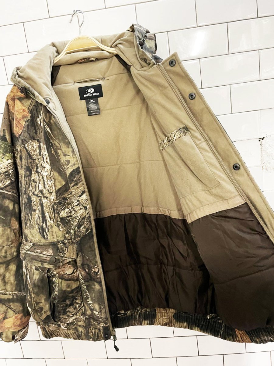 mossy oak camo hooded puffer bomber jacket - good market thrift store