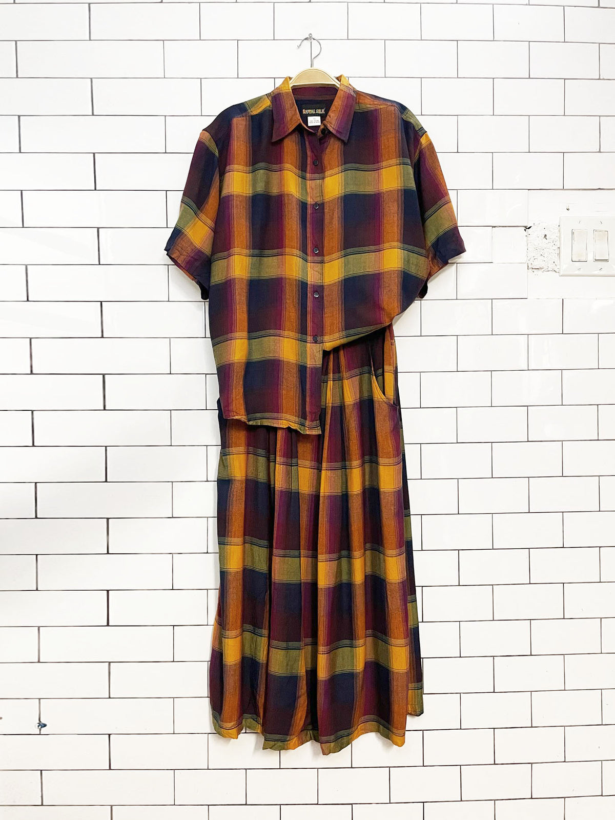 x2 nwt vintage royal silk plaid full button shirt + midi skirt set | made in India