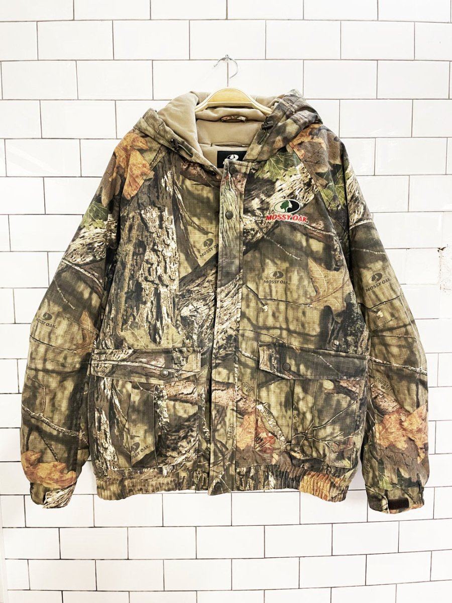 mossy oak camo hooded puffer bomber jacket - good market thrift store
