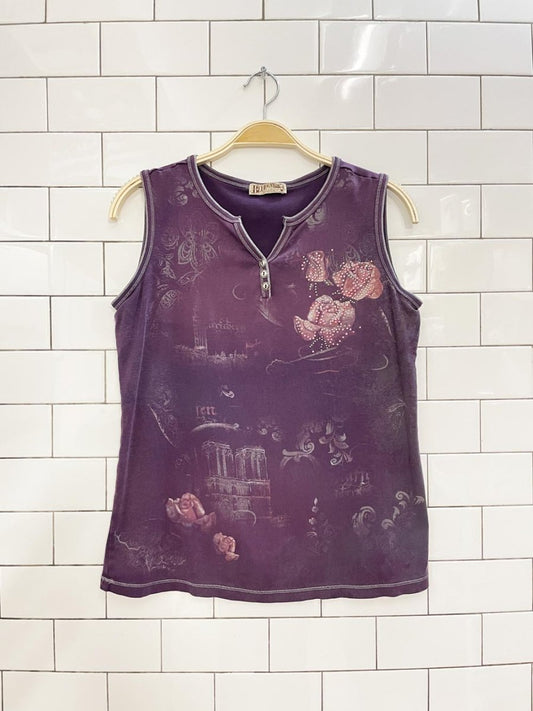 y2k blue canyon clothing gem rose print sleeveless tee - good market thrift store
