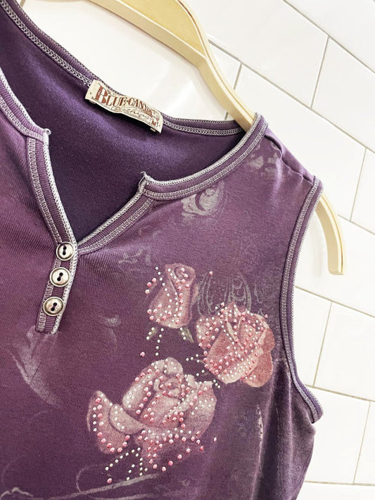 y2k blue canyon clothing gem rose print sleeveless tee - good market thrift store