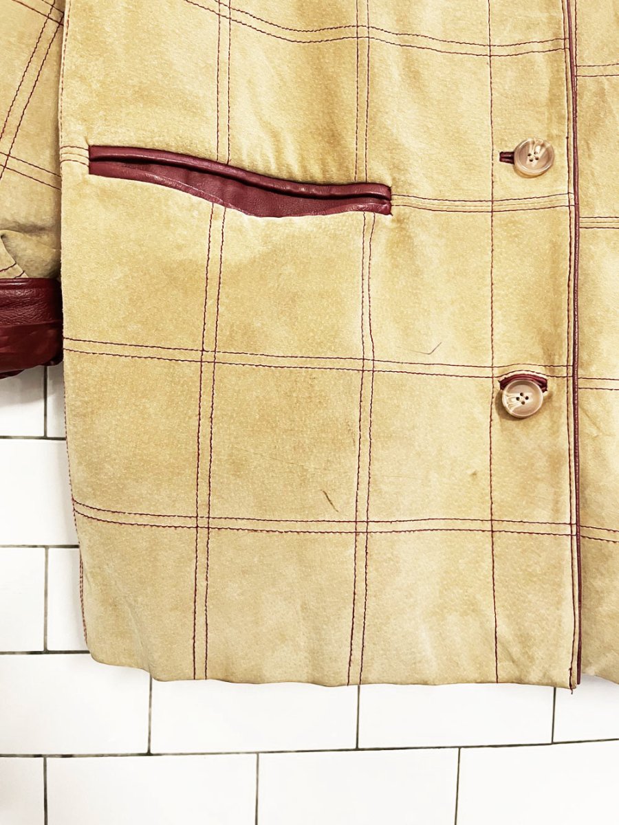 vintage 80s bagatelle suede + leather windowpane stitch chore jacket - good market thrift store