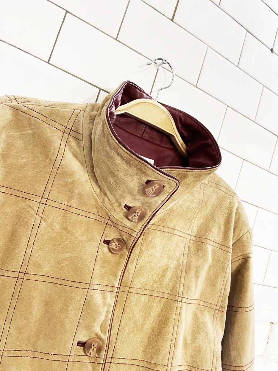 vintage 80s bagatelle suede + leather windowpane stitch chore jacket - good market thrift store