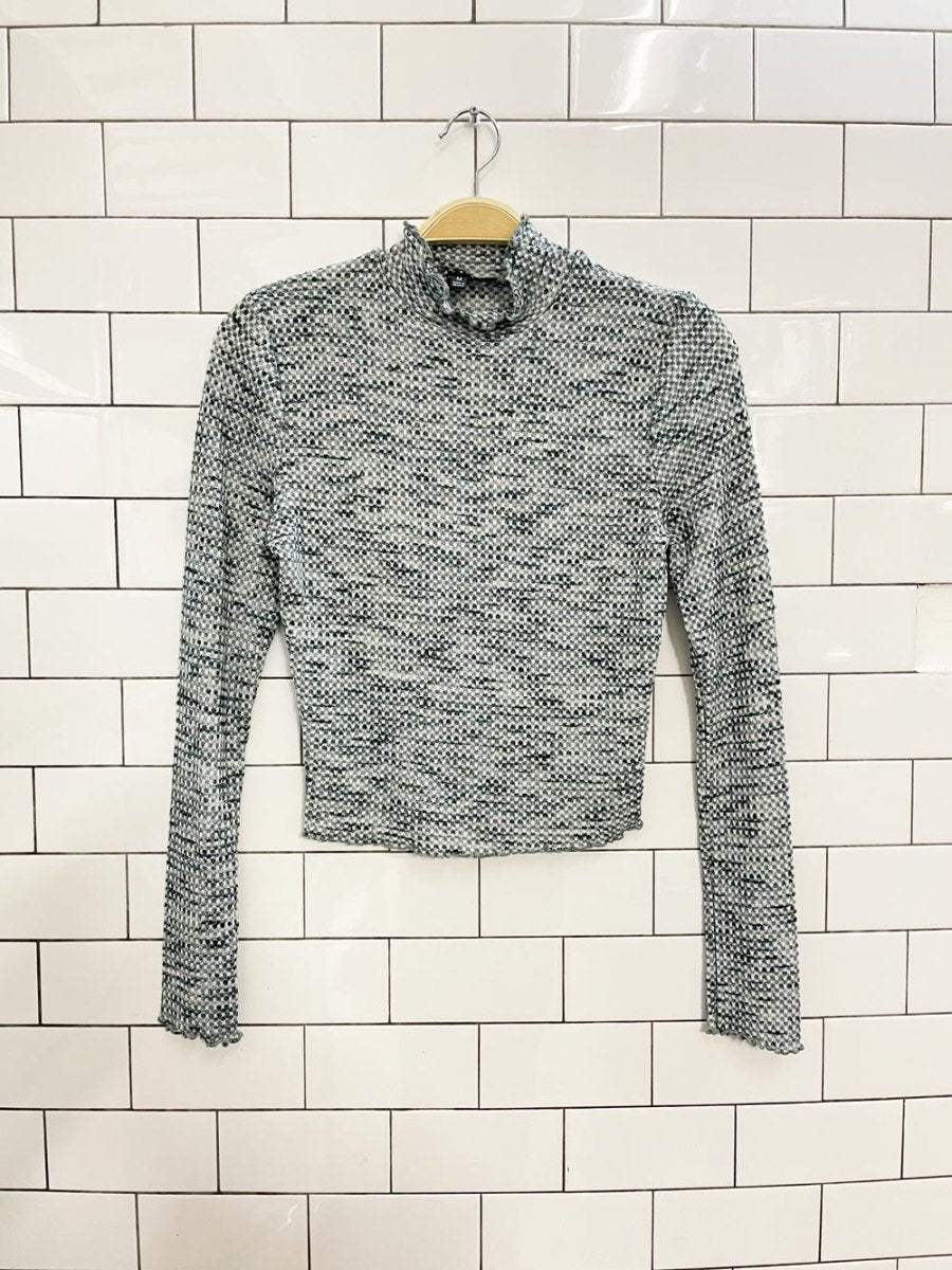 blue blush waffle curly hem mock neck long sleeve top - good market thrift store