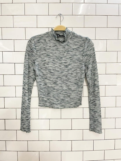 blue blush waffle curly hem mock neck long sleeve top - good market thrift store