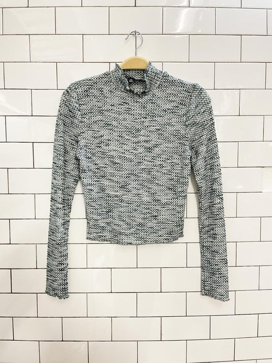 blue blush waffle curly hem mock neck long sleeve top - good market thrift store