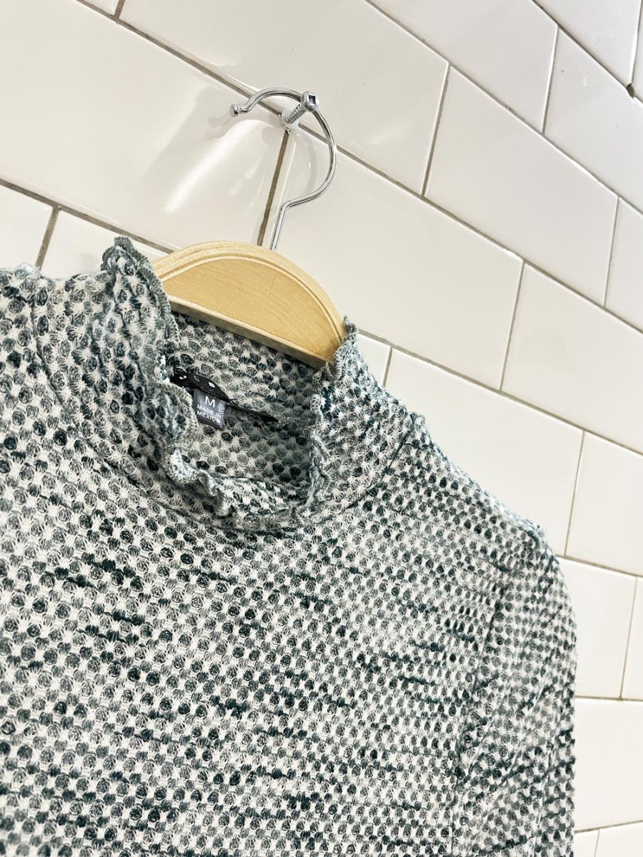 blue blush waffle curly hem mock neck long sleeve top - good market thrift store