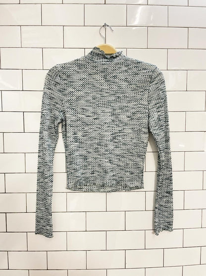 blue blush waffle curly hem mock neck long sleeve top - good market thrift store
