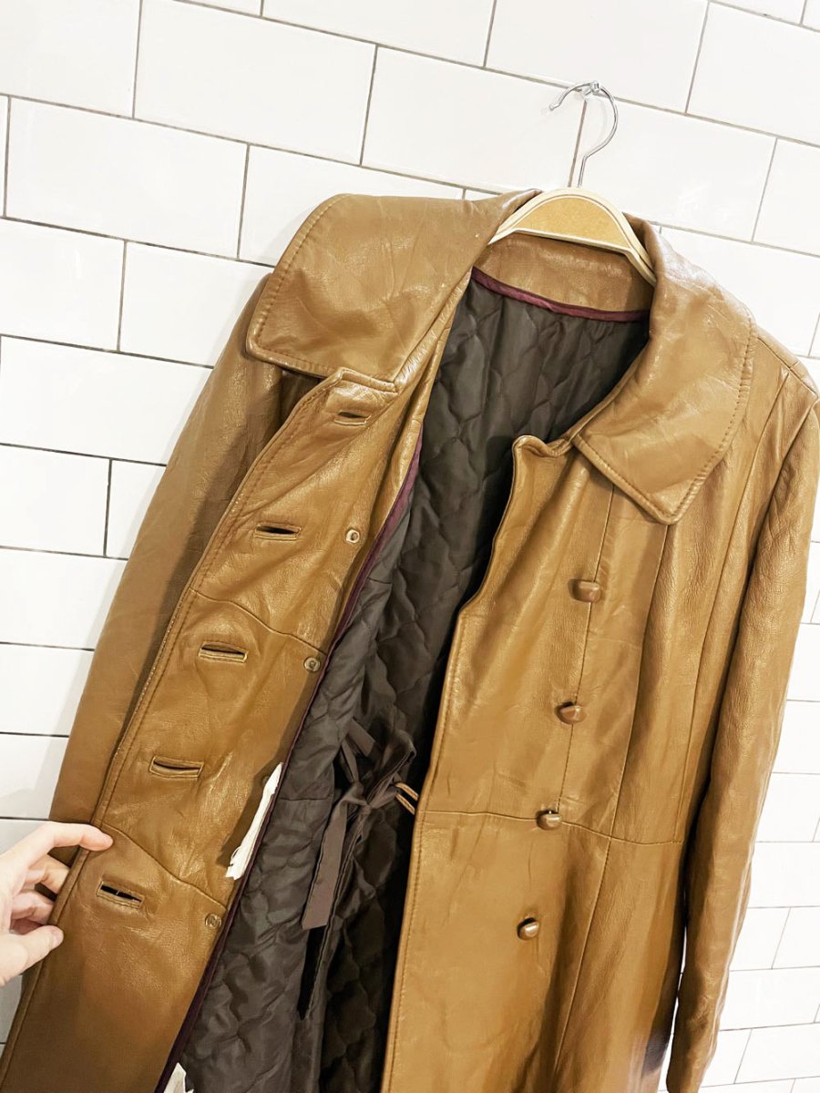 vintage 70s double breasted soft leather belted trench coat - good market thrift store