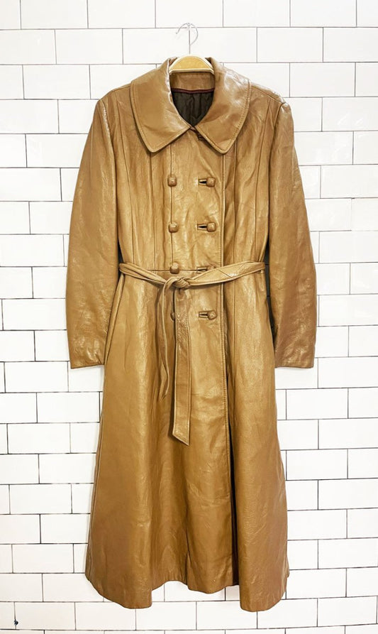 vintage 70s double breasted soft leather belted trench coat - good market thrift store