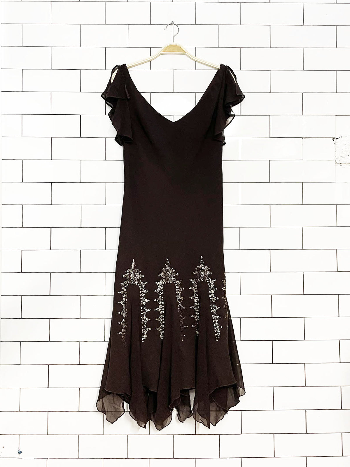 y2k SL fashions flutter sleeve shark bite ruffle hem beaded midi dress | made in USA