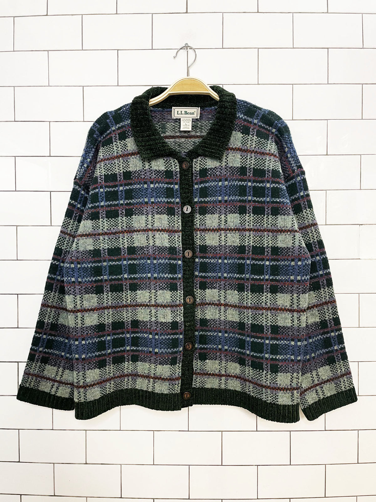 vintage 90s ll bean wool-silk plaid knit cardigan