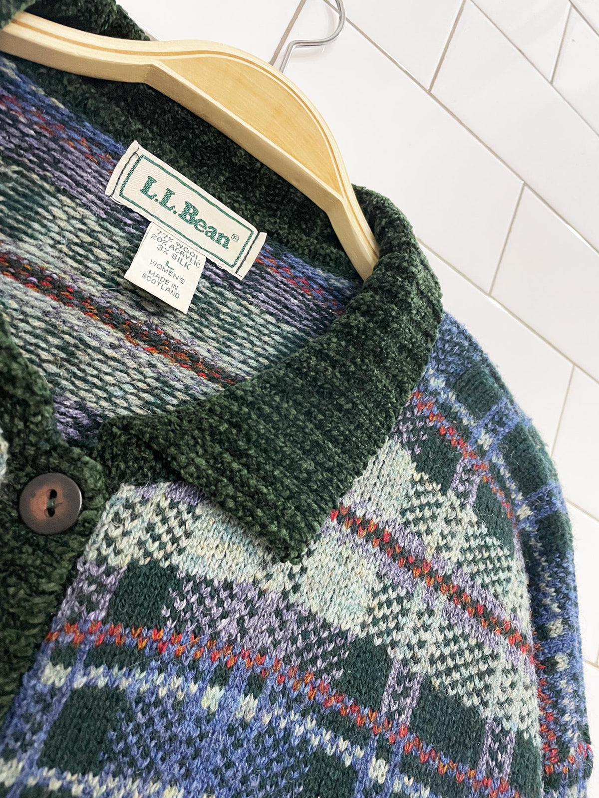 vintage 90s ll bean wool-silk plaid knit cardigan