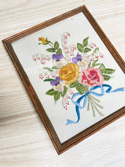 vintage handmade embroidered flower bouquet framed art - good market thrift store