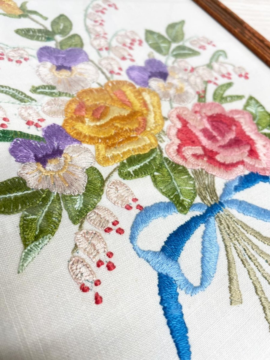 vintage handmade embroidered flower bouquet framed art - good market thrift store