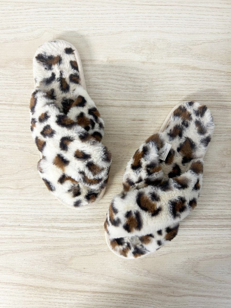 animal print faux fur criss cross slipper - good market thrift store
