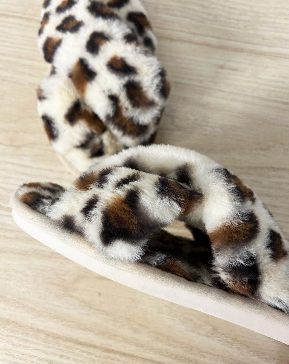 animal print faux fur criss cross slipper - good market thrift store