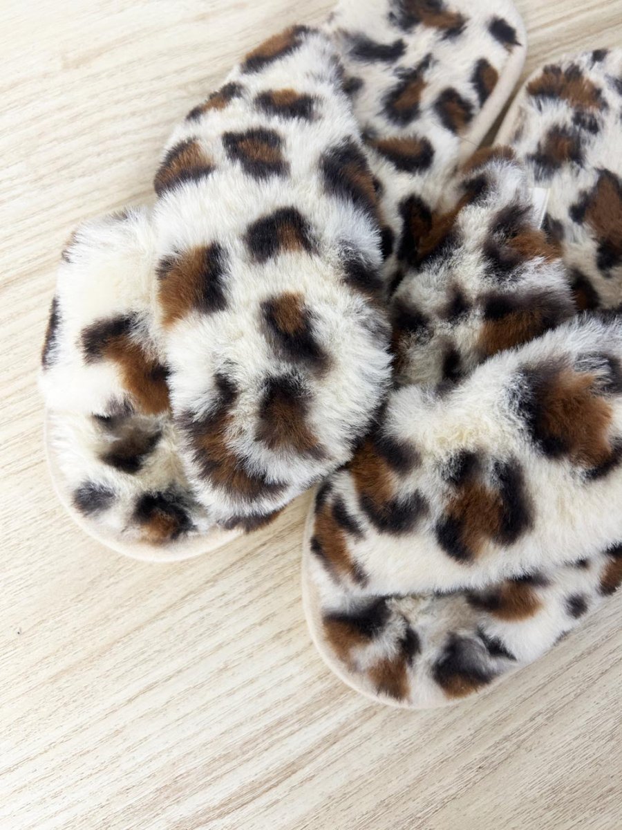 animal print faux fur criss cross slipper - good market thrift store