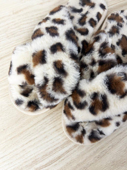 animal print faux fur criss cross slipper - good market thrift store