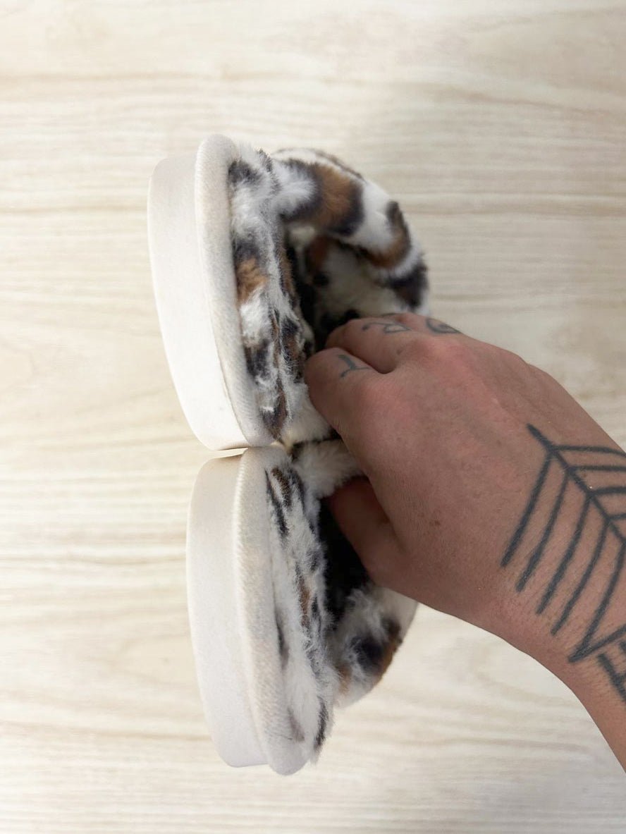 animal print faux fur criss cross slipper - good market thrift store