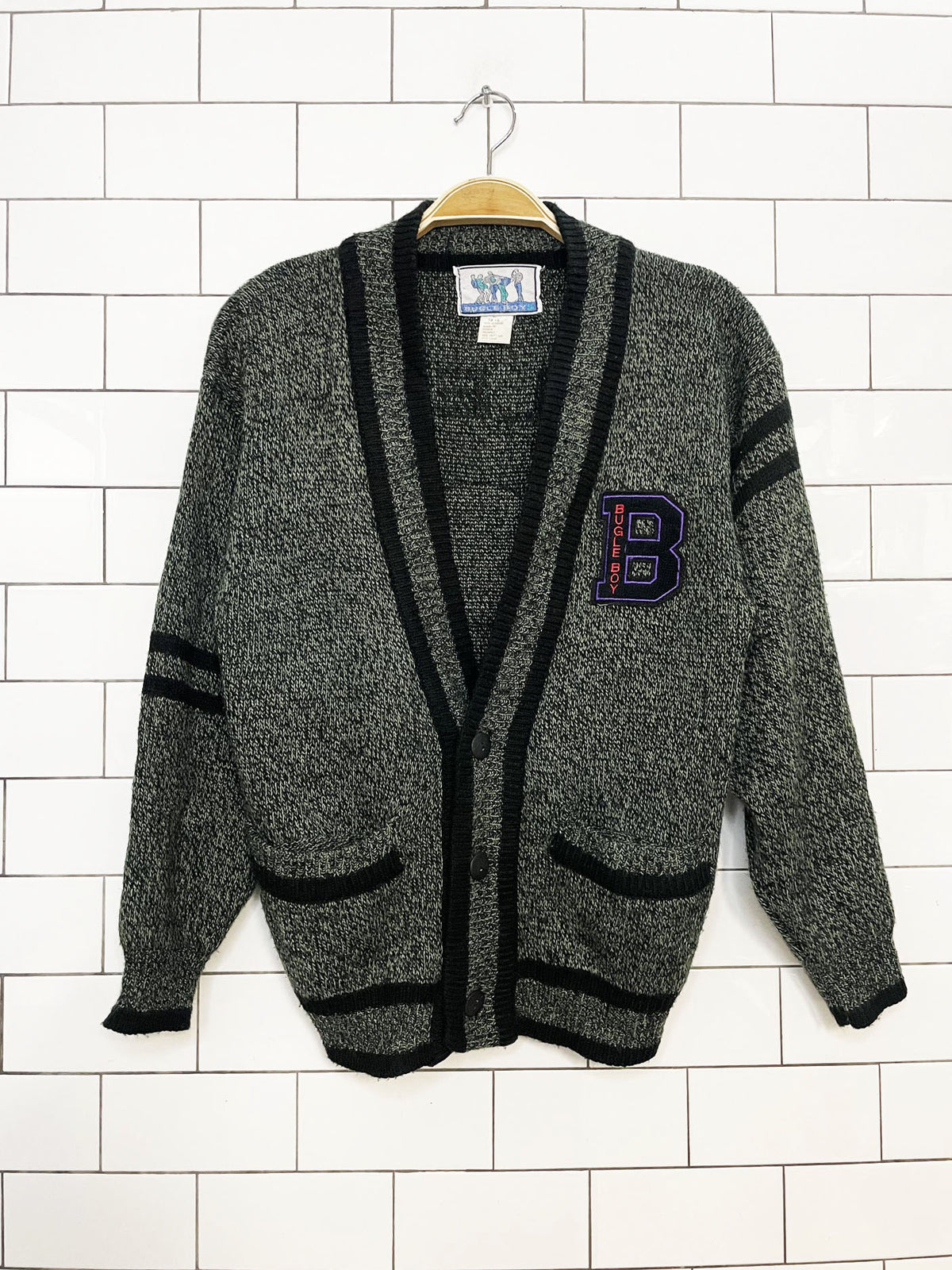vintage 90s bugle boy university patch v-neck sporty prep cardigan