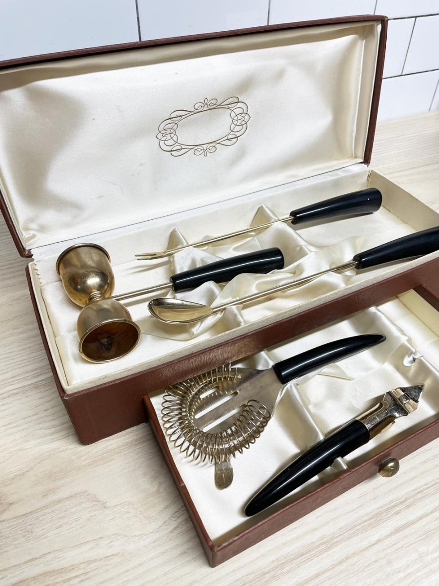 vintage mid - century bakelite gold - tone 5 - piece bartender set | leather box - good market thrift store