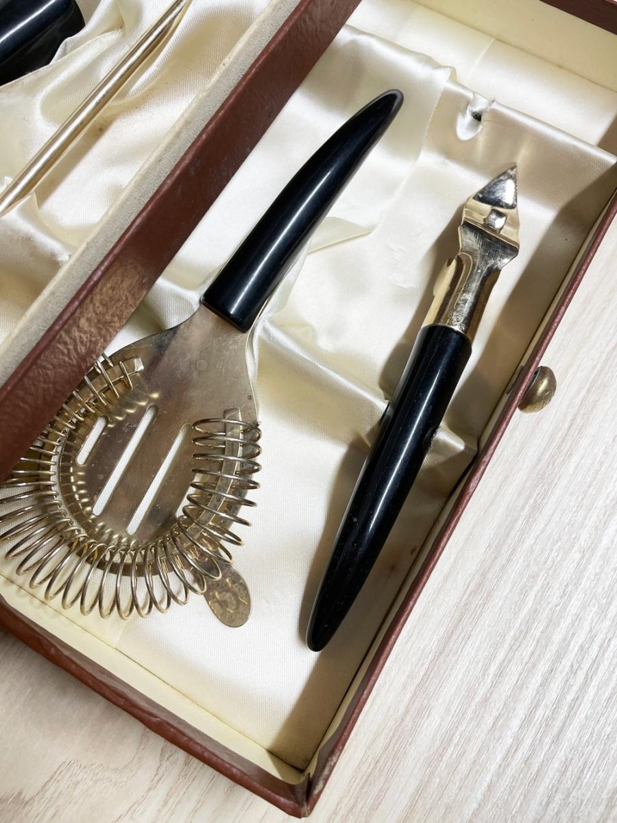 vintage mid - century bakelite gold - tone 5 - piece bartender set | leather box - good market thrift store