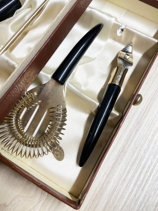 vintage mid - century bakelite gold - tone 5 - piece bartender set | leather box - good market thrift store