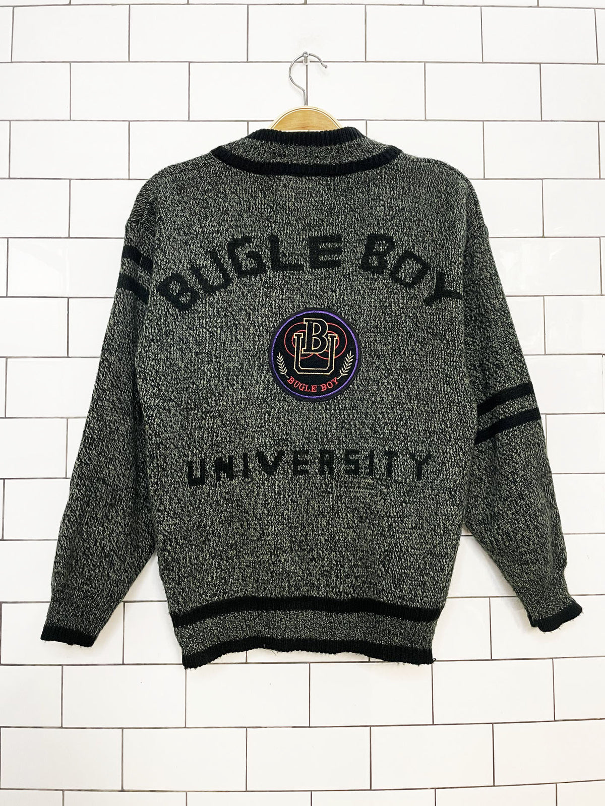 vintage 90s bugle boy university patch v-neck sporty prep cardigan